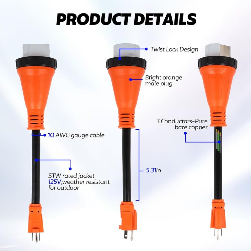 Dollate 50amp to 110 Adapter for RV, NEMA 5-15P to SS2-50R Female RV Power Adapter with Locking Connector, Durable and Safe ETL Listed 15 to 50 amp RV Adapter for Camper, Heavy Duty 13 inch rv Extension Cord - Image 5